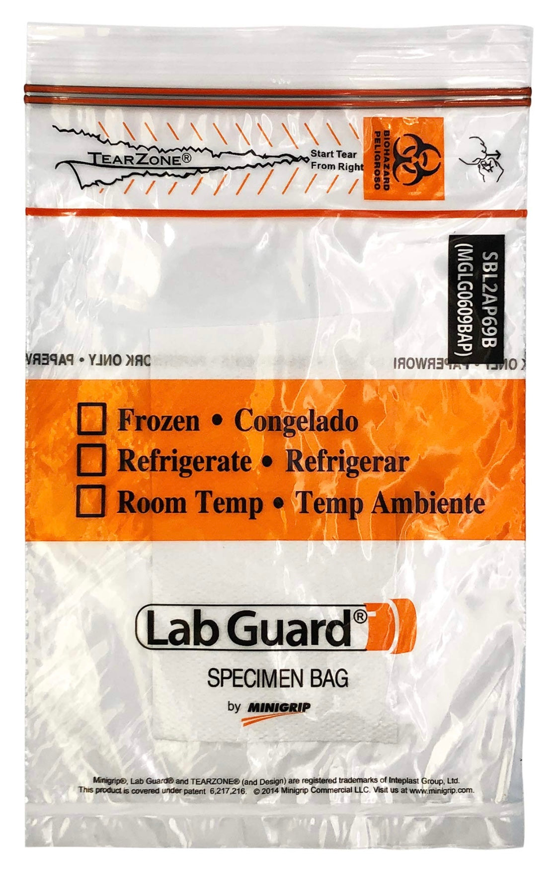 Minigrip® Lab Guard® Specimen Transport Bags, Polyethylene clear, 6" x9", Double Zip Closure, Tearzone® Opening, Document Pouch, 1000/case