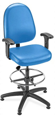 Deluxe Vinyl Lab Stool with Arms, Adjustable height to 24-36", weight limit 300 lbs, Seat dimensions 20" x 18", Blue without casters.