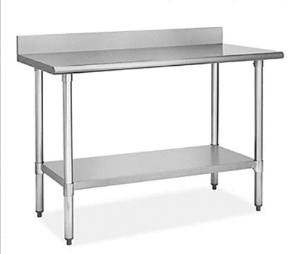 Stainless Steel Worktable with backsplash, 48" x 24" work space with a bottom shelf, weight capacity is 600 lbs.